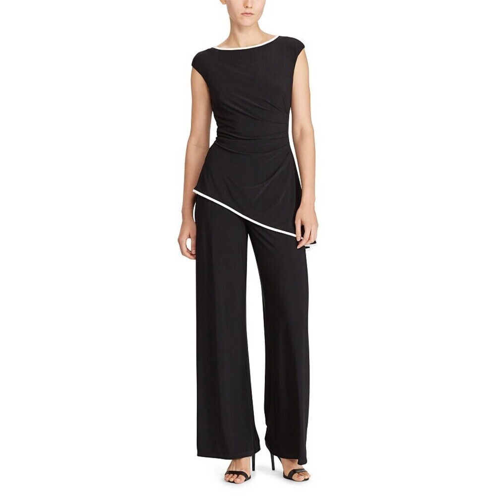 Ralph Lauren Asymmetrical Wide Leg Boat Neck Peplum Jumpsuit Black Size 6 $265